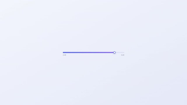 Clean 4K UI motion graphic: a video progress bar with a buffered-ahead indicator plays forward, then the thumb is grabbed and dragged to a new position with a timestamp tooltip before playback continu