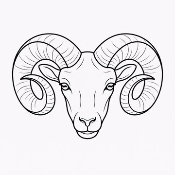Isolated ram head line drawing clipart with large curved horns for