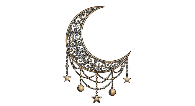 Ornate Filigree Crescent Moon a Decorative Celestial Design with Bohemian Elegance Featuring Beaded Chains Stars and Gold Baubles