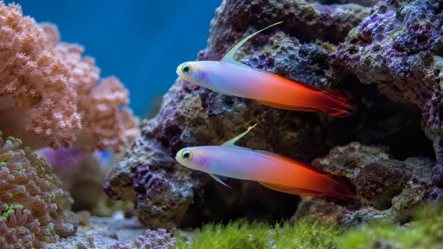 Two firefish gobies swimming past live rock in a coral aquarium