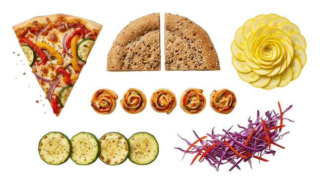 Assortment of Delicious Food Items, featuring pizza, flatbread, zucchini, food rolls, sliced vegetables, vegetarian, healthy eating, gourmet, meal preparation