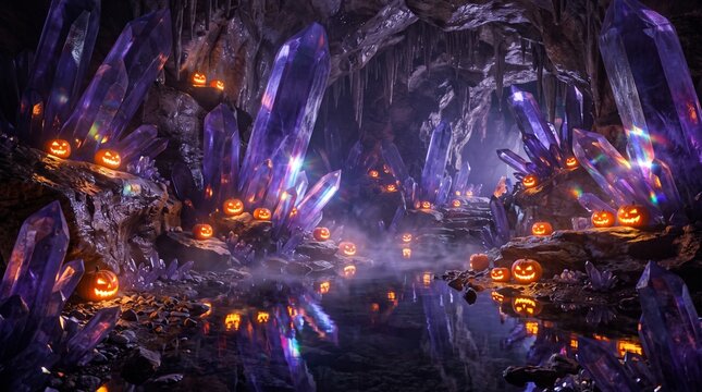 Glowing Jack-o'-Lanterns Inside a Magical Crystal Cave