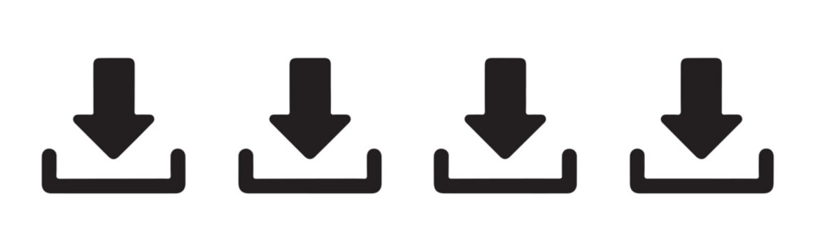 Set of minimalist black download icons with tray and arrow symbols for file storage and digital interface.