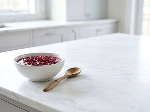 Fresh homemade cranberry sauce in a ceramic bowl with a wooden spoon on a white marble countertop in a bright modern kitchen, perfect for Thanksgiving and holiday meals.