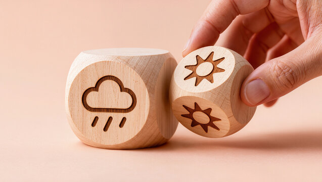 hand turning a wooden cube from rain cloud icon to sun icon beside another block on a peach background, soft studio light, conceptual changing weather forecast and optimistic outlook concept