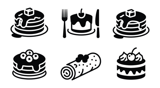 Pancake icon black vector bundle featuring sweet breakfast items, crepes with toppings, and dessert symbols for culinary design   