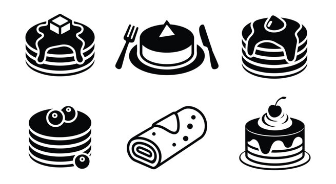 Pancake icon black vector bundle featuring sweet breakfast items, crepes with toppings, and dessert symbols for culinary design   
