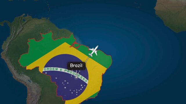 Flight from the Brazil to Uzbekistan, accompanied by a map of the country and the flag.