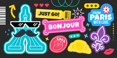 Paris france travel sticker set eiffel tower croissant coffee bonjour. Trendy y2k retro french culture badge collection. Aesthetic tourist souvenir graphic illustration © oksanagrytsyuk