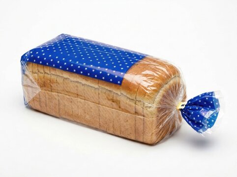 Sliced whole wheat bread loaf in clear plastic packaging with blue polka dot paper band on white background studio lighting