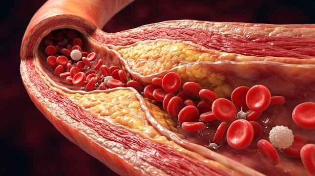 A detailed medical visualization of an artery partially blocked by atherosclerotic plaque buildup showing red blood cells and white blood cells flowing through the narrow vessel