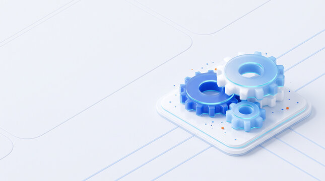 플랫폼 위 맞물린 파란 흰색 톱니바퀴 &middot; Interlocking Blue and White Gears on Square Platform