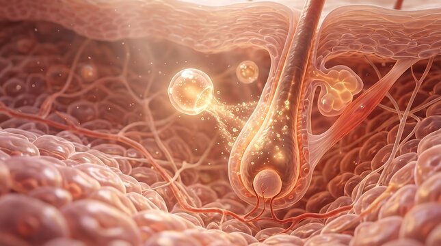 Microscopic view of a human hair follicle embedded in deep skin layers showing biological processes and nutritional absorption for medical dermatology educational purposes