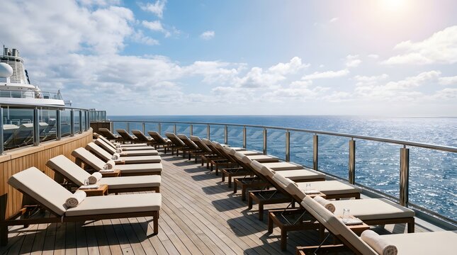 Empty lounge chairs on cruise ship deck