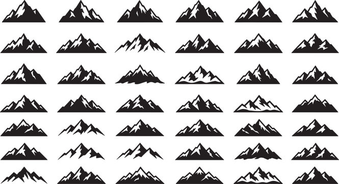 Set of forty-two distinct black mountain peak silhouettes isolated on a plain white background for vector design