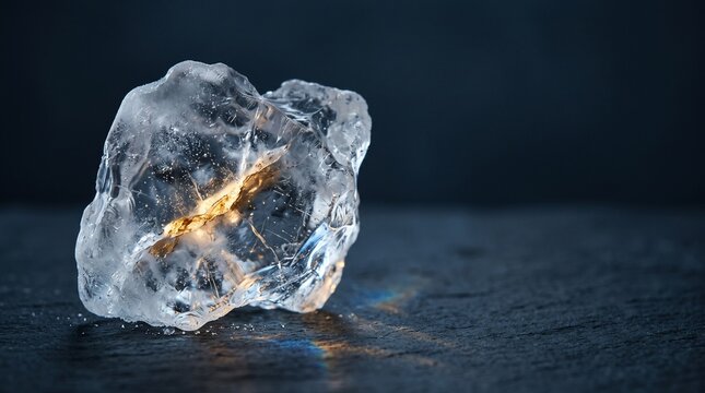 Clear crystalline ice block with internal golden light glowing on a