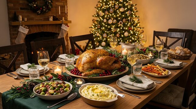 Festive christmas dinner table with turkey