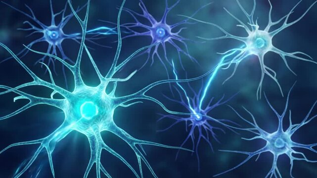 Neurons activate glowing electric impulses throughout interconnected biological network. Detailed neurological cells transfer energetic pulses via synapses displaying continuous cognitive activity.