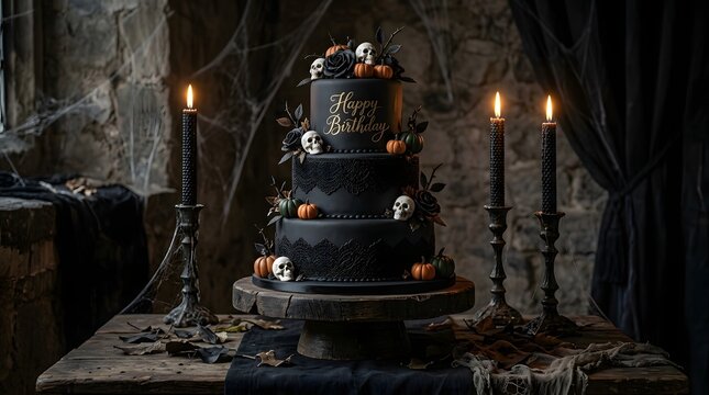 Gothic halloween birthday cake with skulls