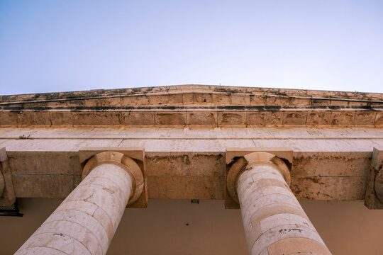 Church of Agios Georgios marble columns and weathered facade, Old Fortress, Corfu, Greece