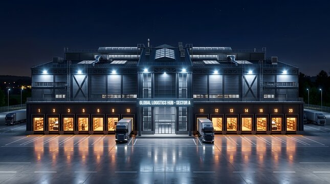 Modern logistics warehouse hub at night