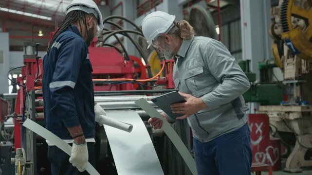 Senior engineer inspecting metal sheet for rolling machine output in plant while instructing coworker.