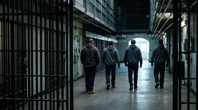 Four men walking through prison corridor