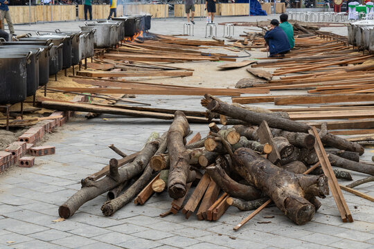 Firewood prepared for cooking traditional Vietnamese b&aacute;nh chưng during Tết . Tam Coc, Vietnam,. Lunar New Year 