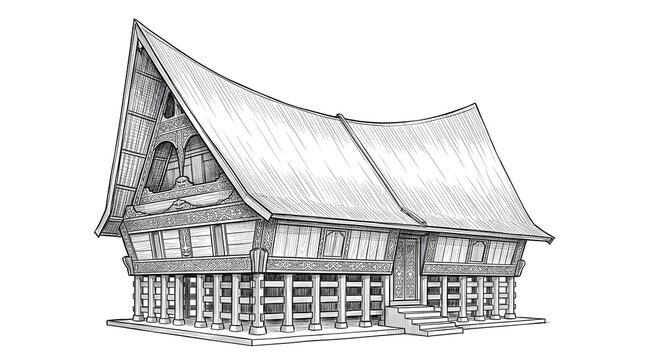 Traditional Indonesian Stilt House Architecture Hand Drawn Line Art Illustration