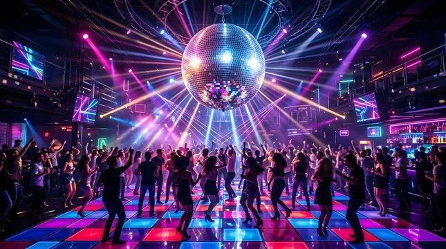 Crowd dancing under disco ball in club