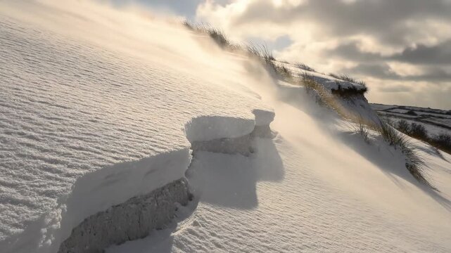 Soft airborne snow streams over the edge of a windswept grassy ridge, as warm filtered sunlight reveals thick layered drifts, a sharp frozen ledge and delicate textures on the sloping winter hillside