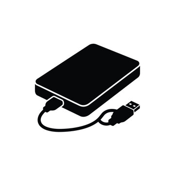 Black and white illustration of a portable external hard drive with a usb cable