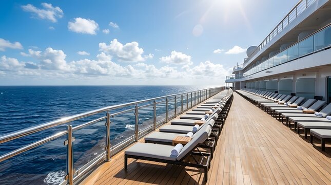 Empty lounge chairs on cruise ship deck