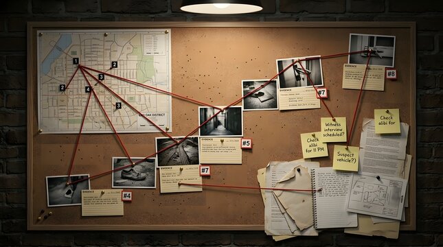 Detective investigation board with evidence