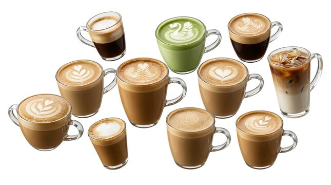 Collection of various coffee drinks isolated on white background