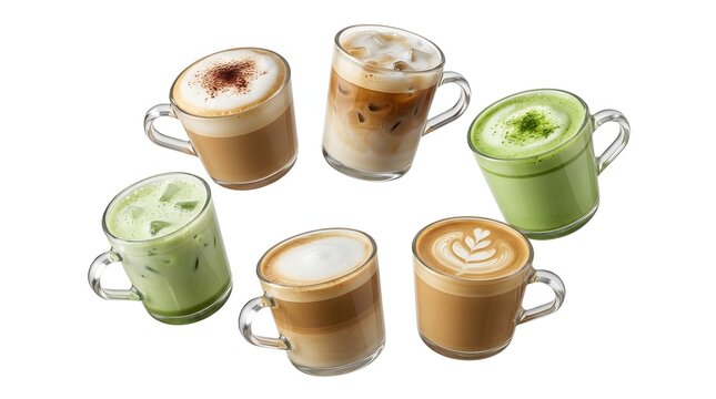 Assorted coffee and matcha drinks isolated on white background