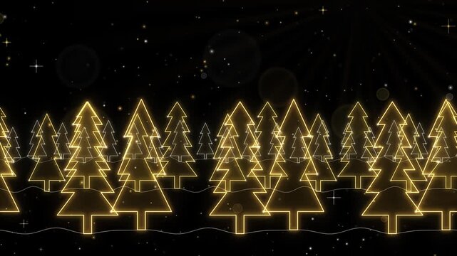 Seamless loop of glowing fir tree forest scrolling with parallax and heavy falling snow, line art, warm gold glow on black, winter landscape background, 4K