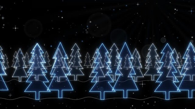 Seamless loop of glowing fir tree forest scrolling with parallax and heavy falling snow, line art, icy blue and white glow on black, winter landscape background, 4K