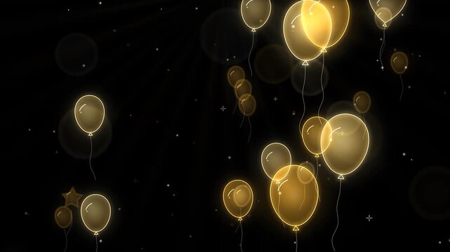Seamless loop of glowing round, star and heart balloons rising with swaying strings and sparkles, warm gold glow on black, New Year party background, 4K