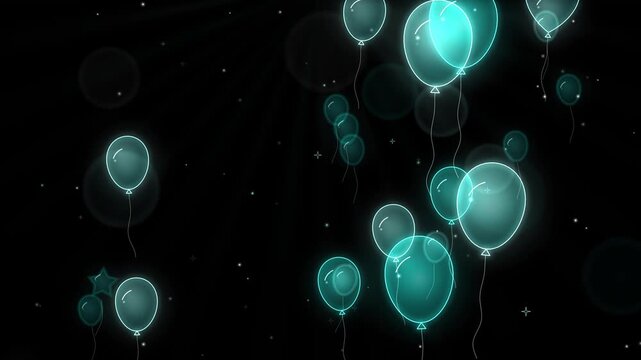 Seamless loop of glowing round, star and heart balloons rising with swaying strings and sparkles, teal and turquoise glow on black, New Year party background, 4K