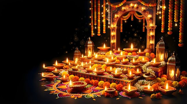 Diwali festival traditional lamps illustration featuring glowing oil lamps diyas, decorated with marigold and jasmine flowers, and colorful ornaments symbolizing light over darkness.