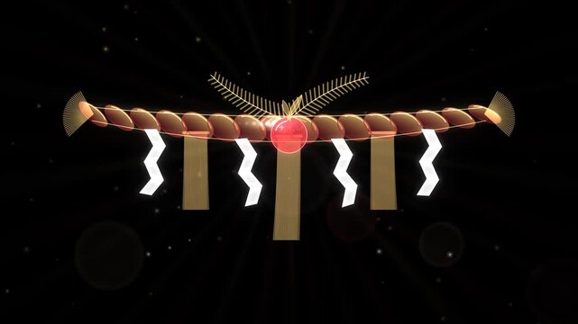 Seamless loop of a glowing shimenawa rope decoration with twisted straw, white zigzag paper streamers and a bitter orange, red and gold glow on black, Japanese New Year background, 4K