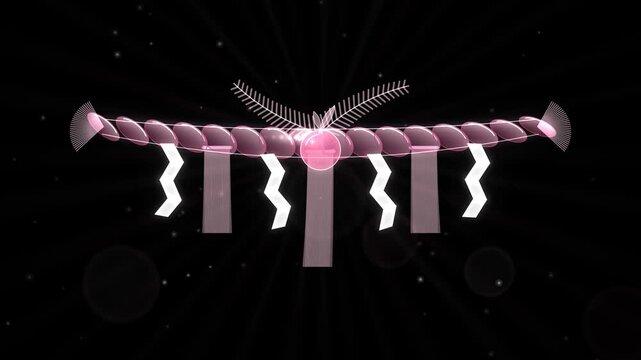 Seamless loop of a glowing shimenawa rope decoration with twisted straw, white zigzag paper streamers and a bitter orange, pink glow on black, Japanese New Year background, 4K