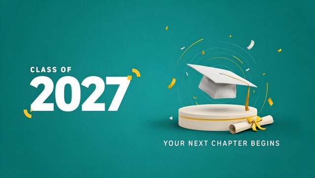 Graduation banner background with mortarboard hat and scroll, Class of 2027 design template, teal celebratory education graphic