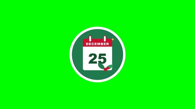 Christmas calendar icon showing december 25 on green screen