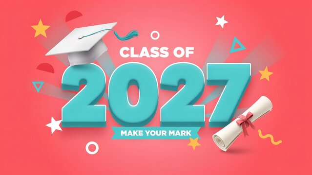 Graduation Class of 2027 Banner, Festive Red and Teal Celebration Design with Mortarboard and Diploma Scroll, Academic Achievement Background