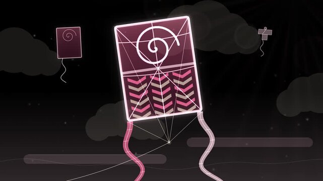 Seamless loop of a glowing Japanese kite with bamboo frame, bridle strings and two long tails flying in the sky, pink glow on black, Japanese New Year background, 4K