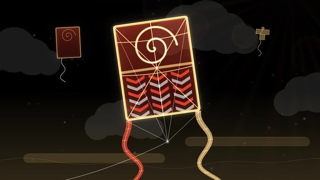 Seamless loop of a glowing Japanese kite with bamboo frame, bridle strings and two long tails flying in the sky, vermilion red and gold glow on black, Japanese New Year background, 4K