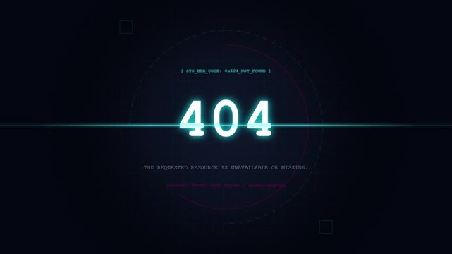 Abstract Futuristic 404 Dashboard Error and System Failure Glitch Animation Displaying Missing Resource Message Over a Dark Digital Grid Background