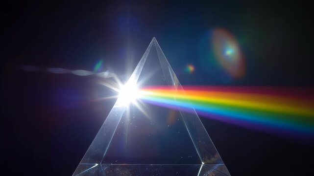 Glass Prism Dispersion Creates Vivid Rainbow Spectrum from White Light Against Dark Background